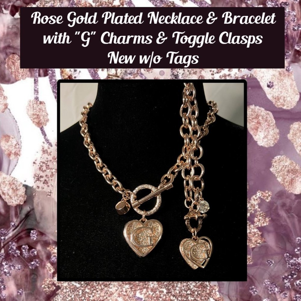 Rose Gold Plated Necklace & Bracelet with "G" Charms & Toggle Clasps